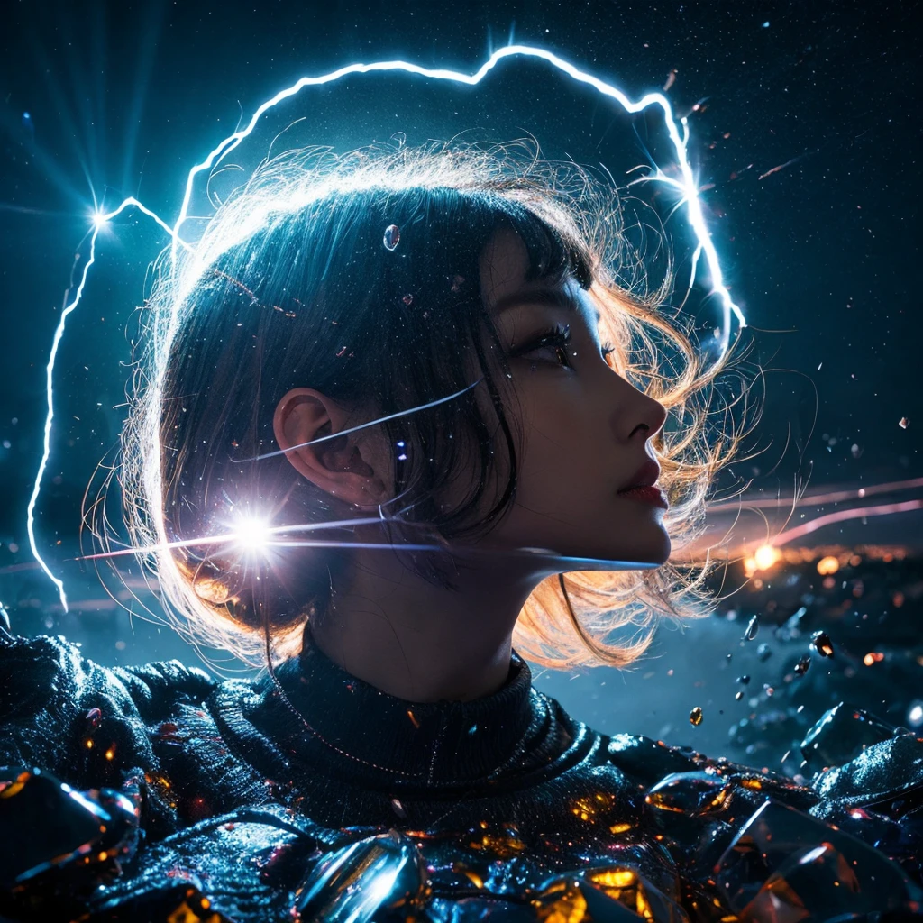 Masterpiece Portrait, Extreme details, Very detailed, 8K octane, HDR, Super detailed, best quality, best quality, Realistic lighting, Ultra Detailed,High Rendering,(lightning),radioelement,光影Special Effects,巨大的lightning,(Floating stone chips,abyss)大地Shatter,((Special Effects))End of the World,Distorted Space,(+Shatter+),Apocalypse,A starry sky that fades from dark blue to purple,Best shooting angle,