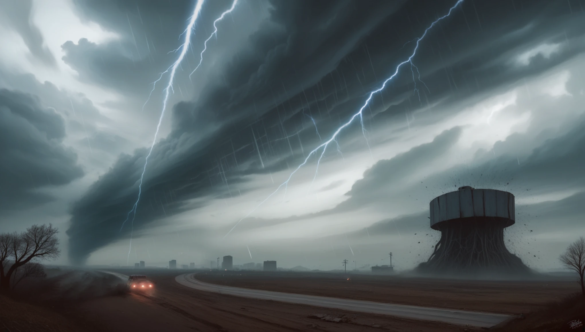 Masterpiece Portrait, Extreme details, Very detailed, 8K octane, HDR, Super detailed, best quality, best quality, Realistic lighting, Ultra Detailed,High Rendering,(storm),radioelement,光影Special Effects,huge tornado,(gravitational,Pull inward)Clouds,((Special Effects))Huge natural disaster,Fantasy style disaster,(+Shatter+),Apocalypse,The sky fades from sky blue to black,Best shooting angle,