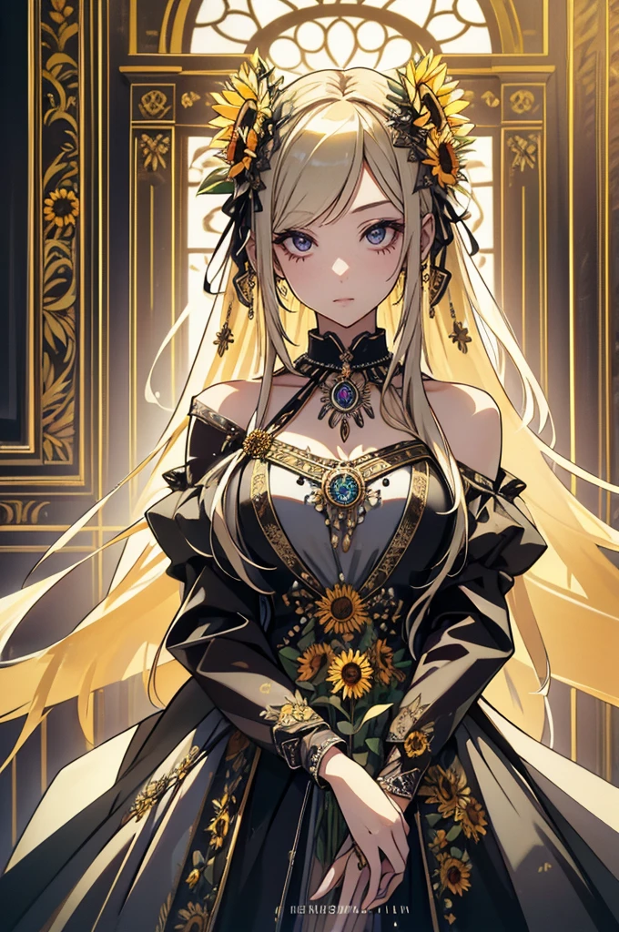 (  Absurdly , high quality , Super detailed ) ,( Handcrafted details ) , One girl, alone, mature, Very long hair, Sunflower Hair , Beautiful crystal eyes ( Eye details ) Baroque, necklace, Long dress, Long sleeve, elegant, colorful, Most detailed, Upper Body , With the river and sunflowers