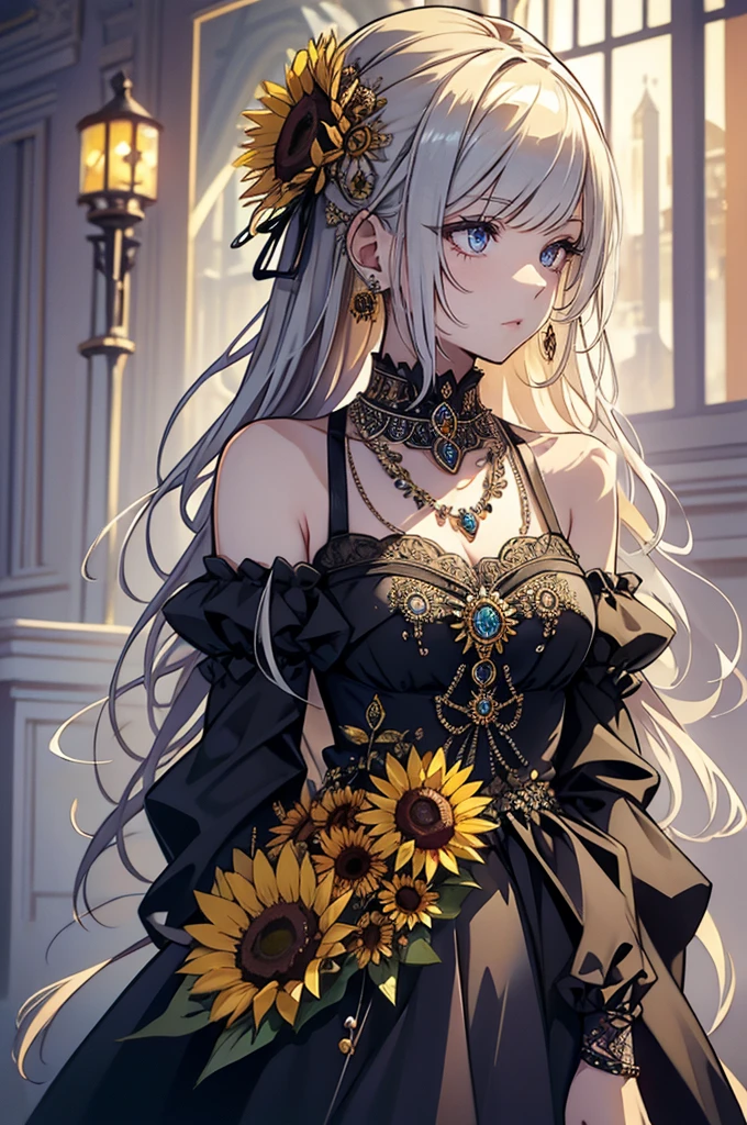 ( Absurdly , high quality , Super detailed ) ,( Handcrafted details ) , One girl, alone, mature, Very long hair, Sunflower Hair , Beautiful crystal eyes ( Eye details ) Baroque, necklace, Long dress, Long sleeve, elegant, colorful, Most detailed, Upper Body , With the river and sunflowers