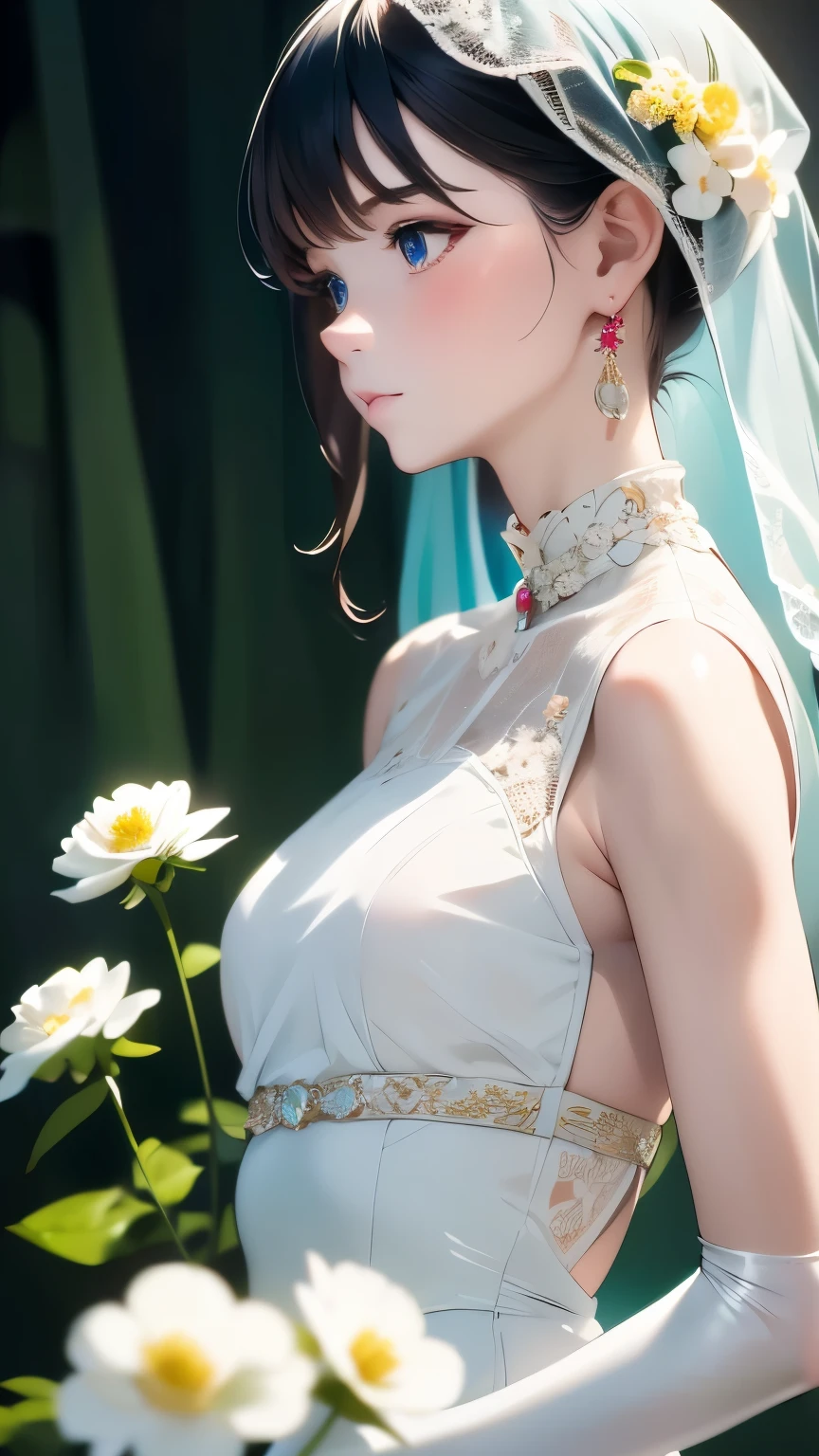 One Girl, Earrings, Veil, jewelry, alone, wedding dress, flower束,  dress, bridal Veil, flower, elbow gloves, white dress,  gloves, chest, flower嫁, Upper Body, From the side, profile, white gloves, Rose, medium chest, Mouth closed, hoop Earrings, white flower, holding flower束