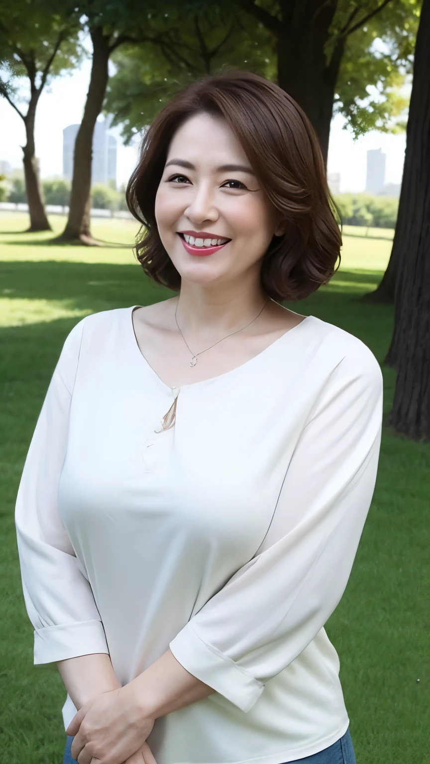 Standing in the park, Wrinkles around the eyes, Smiling with teeth showing, Plain short-sleeved clothing, senior citizen, Draw lips correctly, Red lipstick, No discomfort, 16K, Highest quality, Very detailed, Realistic, Very detailed肌, (Japanese), (alone), 60 years old, Large Breasts, , Glamour, sexy, Chromo White Skin, Staring straight ahead,