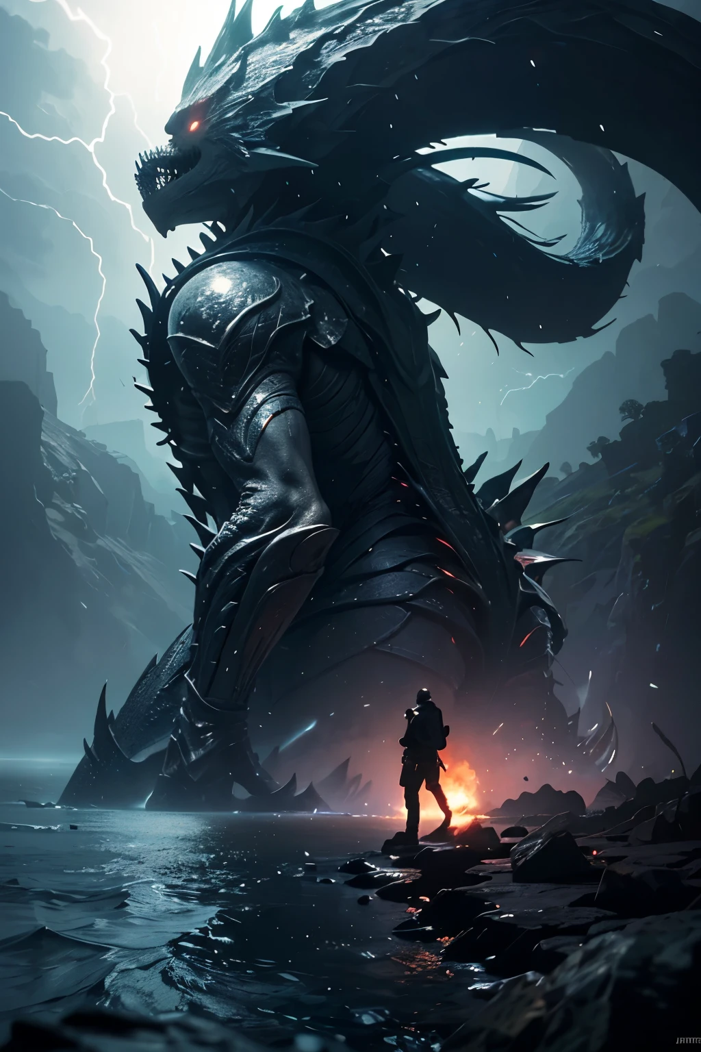 A very detailed painting， world under the sea, Depicts a man　have a weapon on a hill gazing at a giant alien monster lightning rain breath, author：Shinkai Makoto, By Art Jem, From Wlop, author：Greg Rutkowski, Volumetric Lighting, Octane Rendering, 4K resolution, Popular on artstation, masterpiece ,flame magic