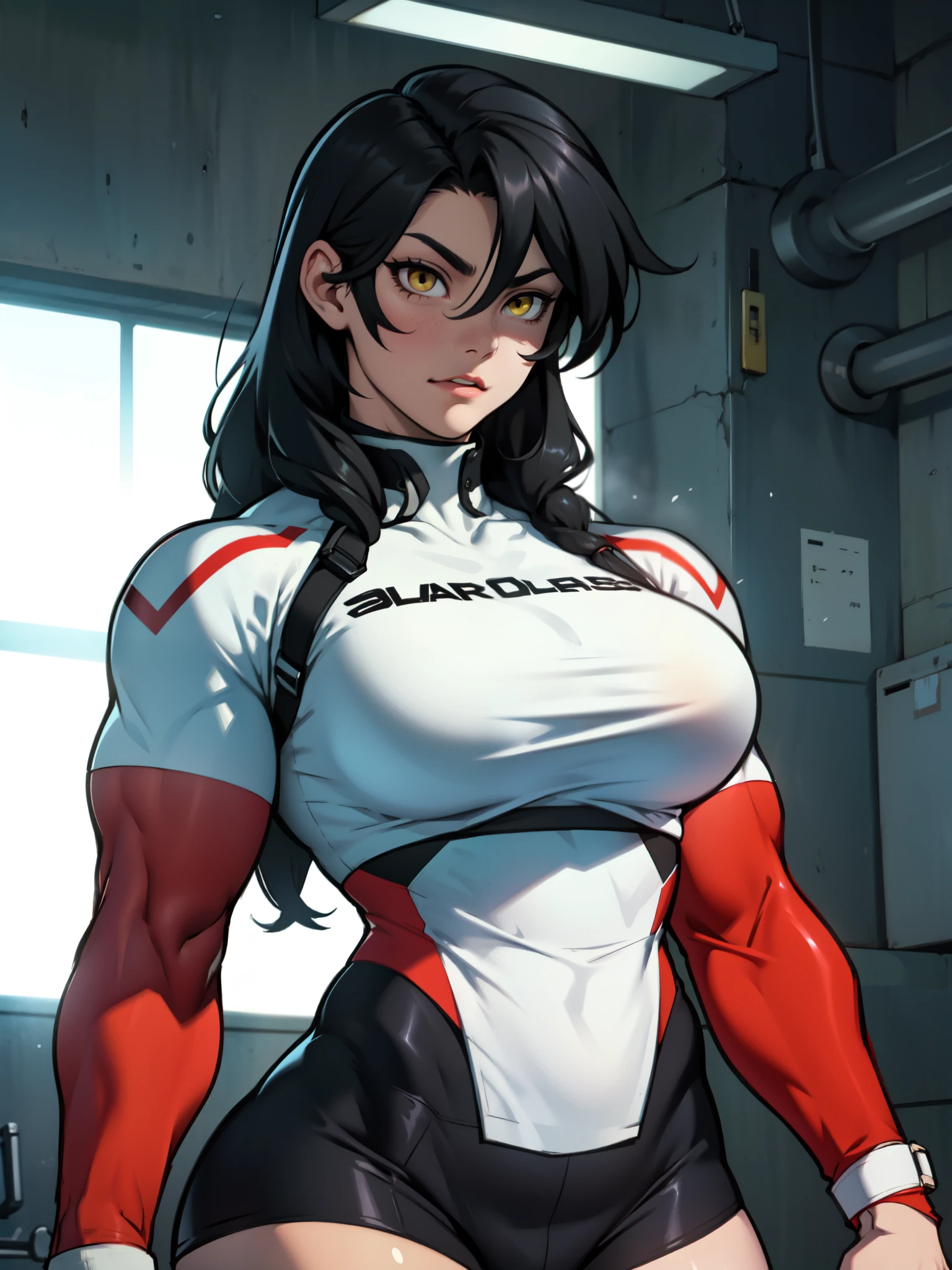 joyful gleaming eyes black hair yellow eyes pale skin sharp focus muscular girl massive breasts muscular girl solo