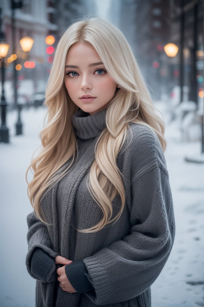 proFessional portrait photograph oF a gorgeous Norwegian girl in winter clothing with long wavy blonde hair, sultry Flirty look, gorgeous symmetrical Face, linda maquiagem natural, wearing elegante warm winter Fashion clothing, ((parado do lado de fora na rua nevada da cidade)), impressionante ambiente urbano moderno, ultra realistic, arte conceitual, elegante, Altamente detalhado, Intrincado, sharp Focus, depth oF Field, F/1. 8, 85mm, tiro médio, meio do tiro, (((proFessionally color graded))), bright soFt diFFused light, (volumetric Fog), tendências no instagram, hd 4k, 8K