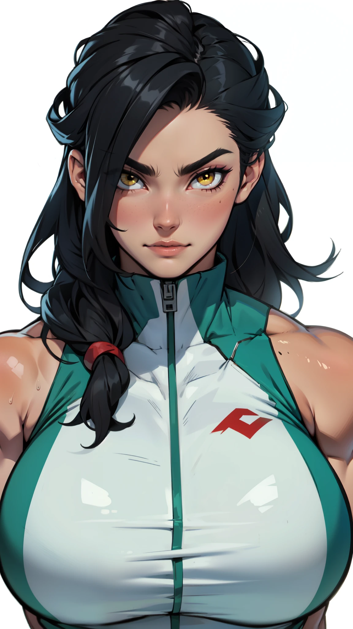 joyful gleaming eyes black hair yellow eyes pale skin sharp focus muscular girl massive breasts muscular girl solo