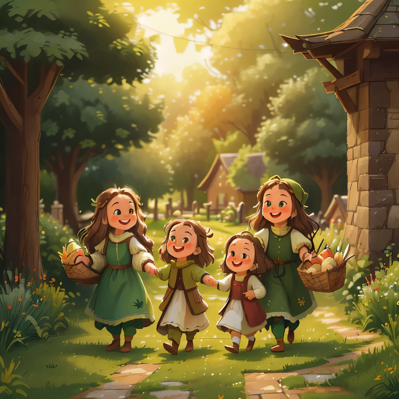 (high resolution: 1.2),Happy moment, medieval mother and 2 daughters, go shopping at village market, cheer, bunnies and duck, beautiful detailed eyes, lush green garden, long flowing hair, traditional medieval clothes,