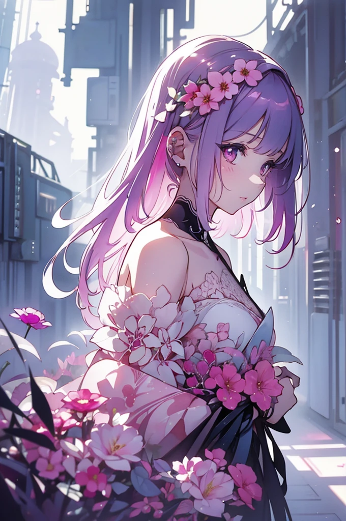 One girl,flower, Lisianthus ,Pale pinkと淡い青のスタイル, A dreamy, romantic piece, Pale pink, Mysterious Leaves, A playful arrangement,Fantasy, High Contrast, Ink strokes, explosion, Exposure, Impression of purple and red tones , Abstract, ((Watercolours by John Berkey and Jeremy Mann )) Brush strokes, Negative Space,