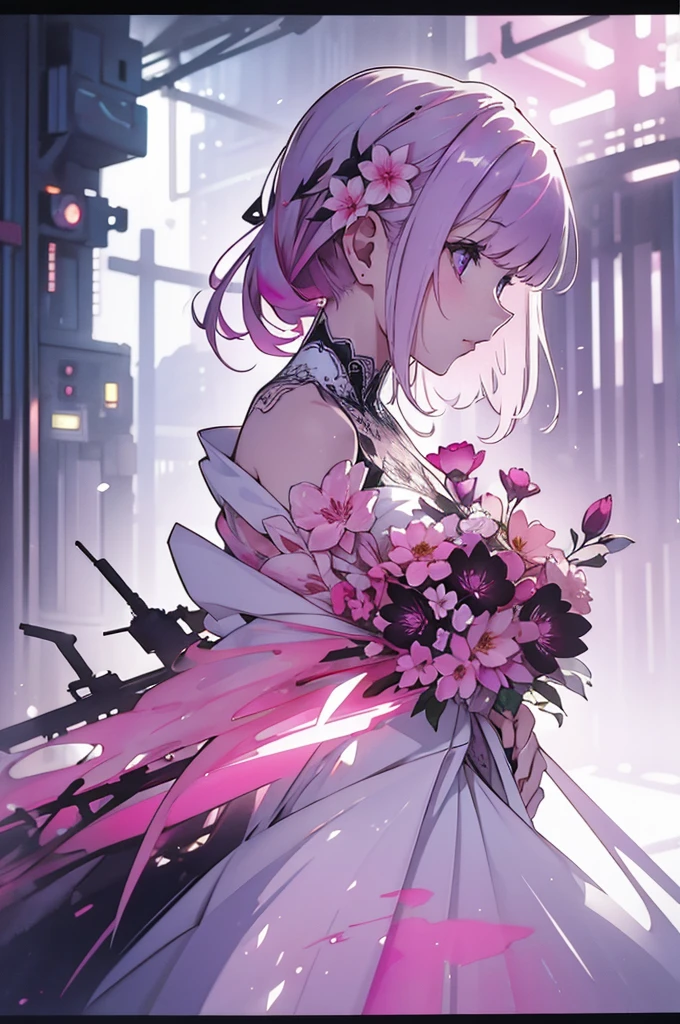 One girl,flower, Lisianthus ,Pale pinkと淡い青のスタイル, A dreamy, romantic piece, Pale pink, Mysterious Leaves, A playful arrangement,Fantasy, High Contrast, Ink strokes, explosion, Exposure, Impression of purple and red tones , Abstract, ((Watercolours by John Berkey and Jeremy Mann )) Brush strokes, Negative Space,