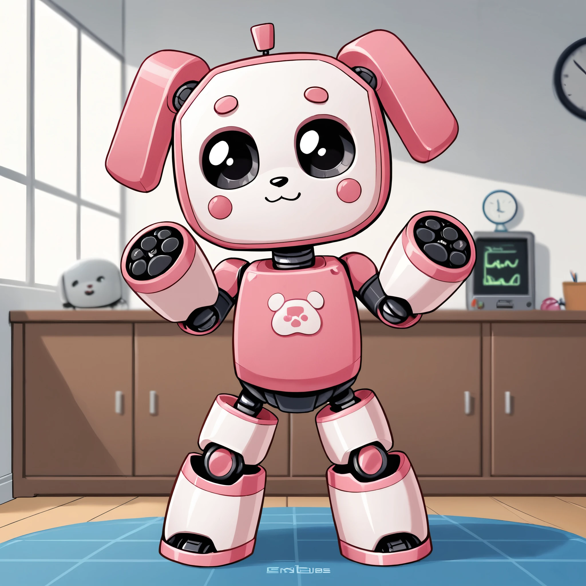 cute dogs, robots, whole body, standing in a room, pink and white color, White background