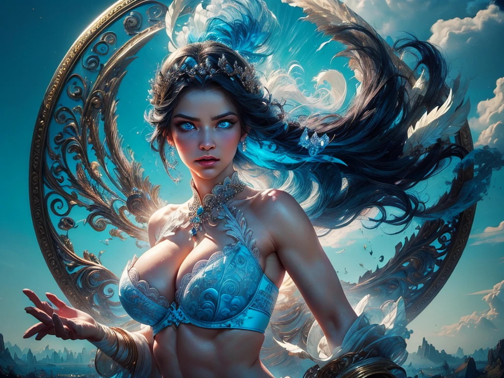 (Goddess of Air:1.2), (mythical deity:1.2), swirling winds, ethereal breeze, (masterpiece:1.4, best quality), (masterpiece, best quality), (photo realistic:1.4), 1goddess, (graceful and powerful), bra and pant made of leaf coverage, radiant aura, serene expression, swirling gusts, intricate wind patterns, airy aura, ethereal glow, airy wings, dynamic pose, vibrant whites, soft blues, gentle grays, natural lighting, magical aura, (sky blue eyes:1.4), (glowing eyes:1.2), (detailed face:1.4), (expressive face:1.2), graceful gaze, rich textures, captivating features, ethereal beauty, (large breasts:1.2), (perfect body:1.2),defined abs, background with air manipulation, floating feathers, swirling clouds, gentle breezes, rare, unique, Rich Detail, Perfect Image Quality