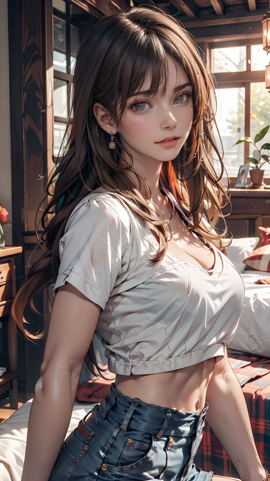 (Highest quality, masterpiece), One girl, beautiful girl, brown_eye, ((hair color [Silver hair], [前hairありのピクシーカット] hair)), Earrings, lips, Short sleeve,Realistic, Tight waist, Charm, Colorful Makeup, Long eyelashes, Fair skin, (cute), (Detailed Face), 詳細ed eye, Detailed iris, 