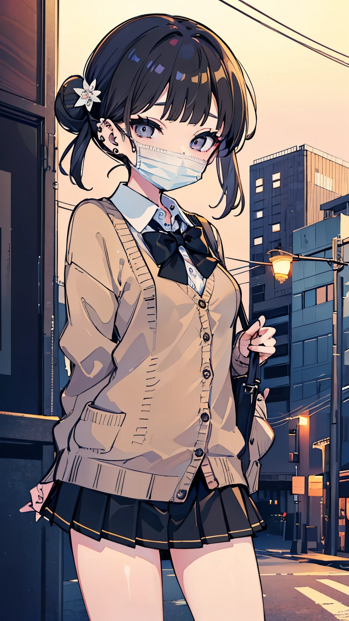 (masterpiece、Highest quality、Very detailed))、One girl、Black Hair、single hair bun、blunt bangs、Grey Eyes、surgical mask、((lots of piercing))、((Small breasts))、((White collared shirt))、A bow tie、((brown cardigan))、((Black pleated skirt))、((micro miniskirt))、Cowboy Shot、((night))、Downtown background