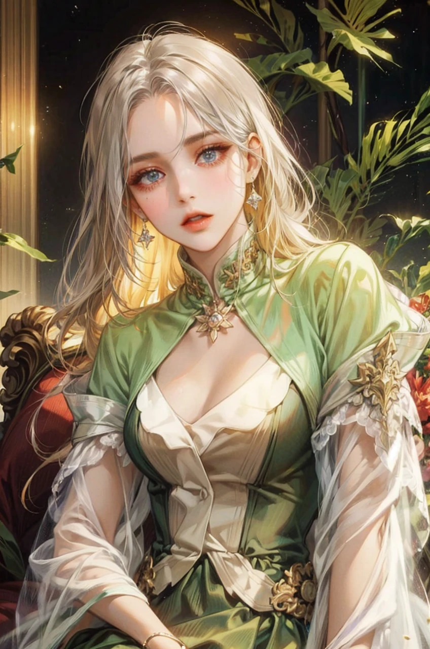 Noble woman, Caucasian skin, purples eyes, white hair color, comprido