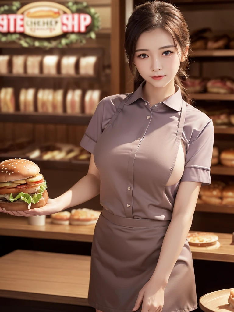 ((masterpiece))、((Highest quality))、photograph、reality、High resolution、Advanced Depth of Field、become close、Realistic lighting、Delicate facial features、Realistic Background、(The whole body is shown:1.2)、(Big Breasts:1.2)、(Erect nipples)、(Slender:1.2)、(Hamburger Shop Uniform:1.5)、(Collared shirt:1.2)、(Short tight skirt:1.2)、(apron:1.2)、(The background is an empty cafe:1.2)