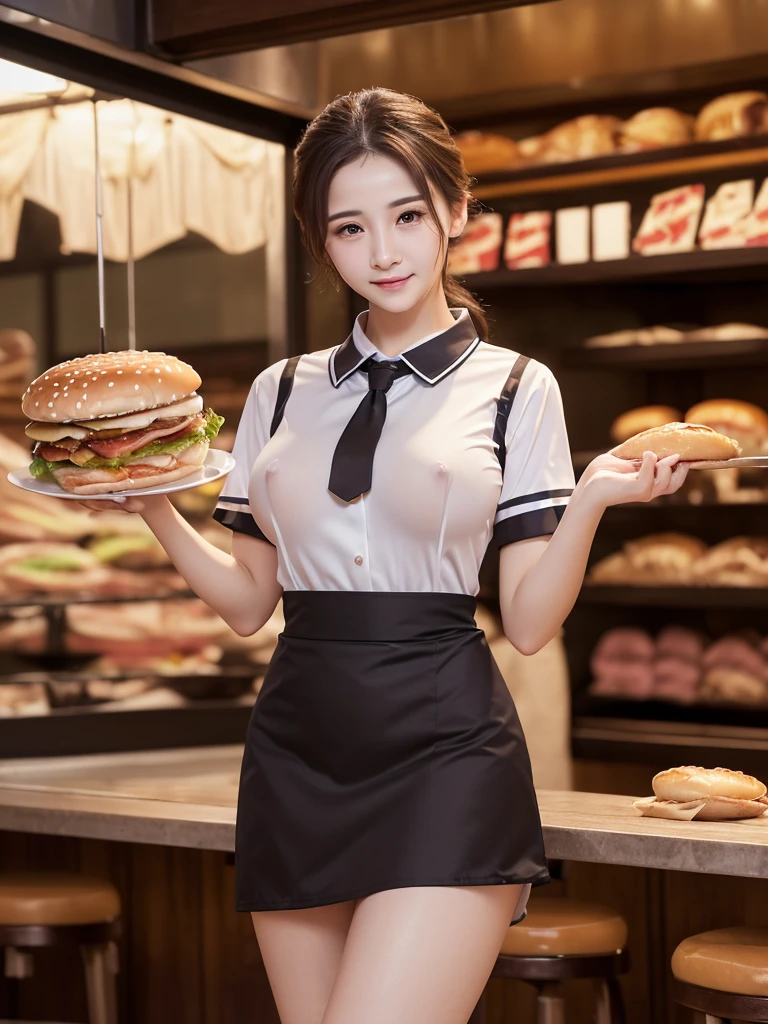((masterpiece))、((Highest quality))、photograph、reality、High resolution、Advanced Depth of Field、become close、Realistic lighting、Delicate facial features、Realistic Background、(The whole body is shown:1.2)、(Big Breasts:1.2)、(Erect nipples)、(Slender:1.2)、(Hamburger Shop Uniform:1.5)、(Collared shirt:1.2)、(Short tight skirt:1.2)、(apron:1.2)、(The background is an empty cafe:1.2)