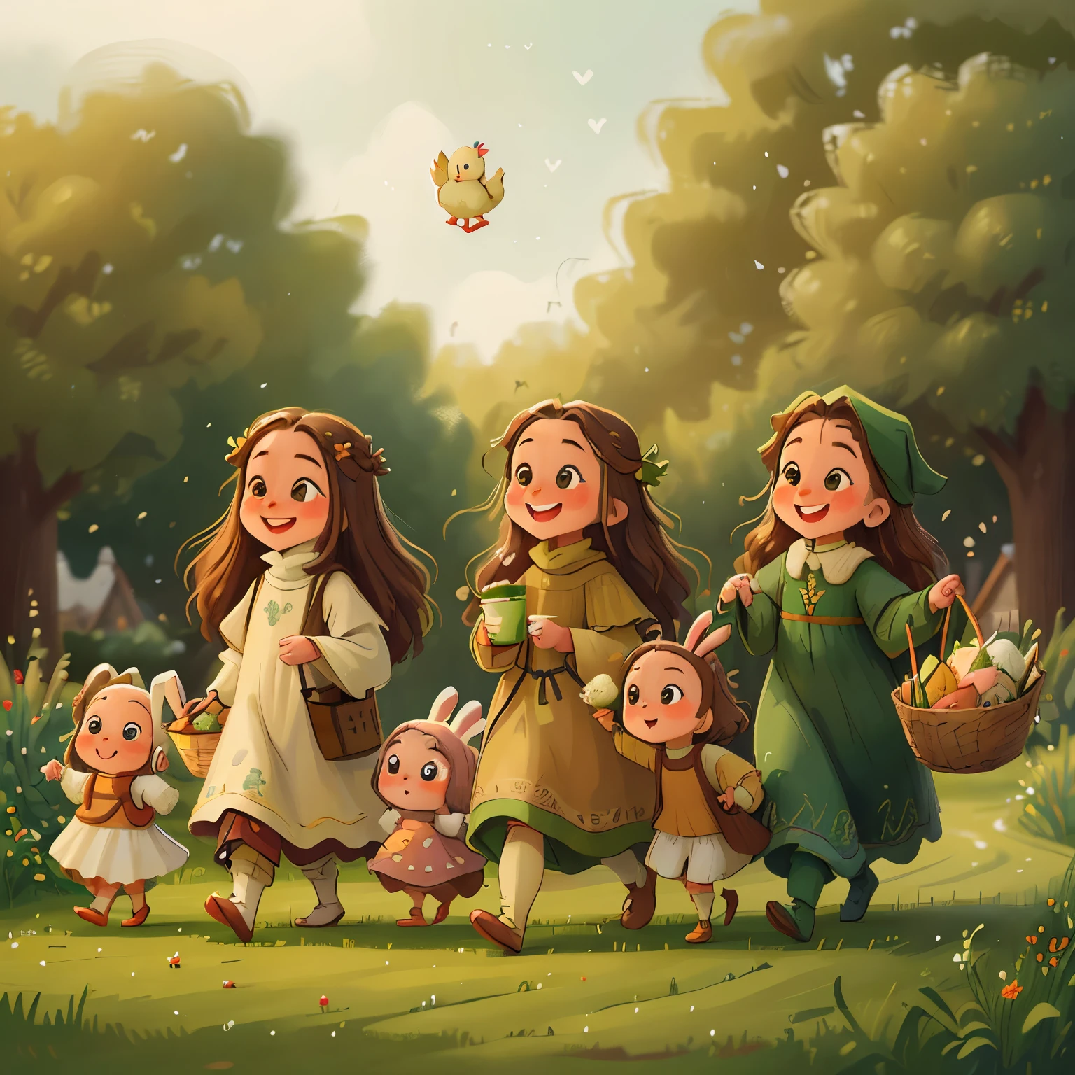 (high resolution: 1.2),Happy moment, medieval mother and 2 daughters, go shopping at village market, cheer, bunnies and duck, beautiful detailed eyes, lush green garden, long flowing hair, traditional medieval clothes,