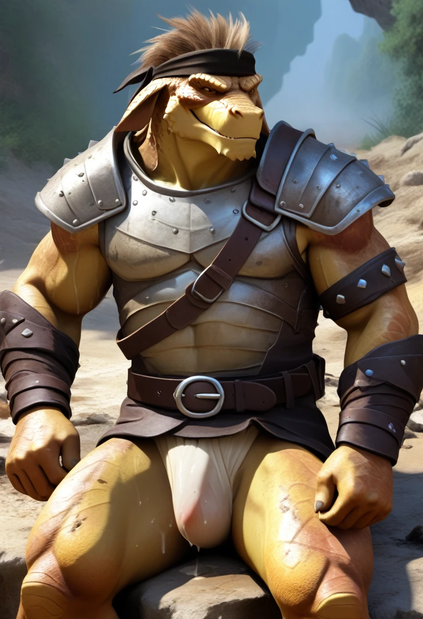 Solo Sexy anthro furry Scalie Reptile Dragon male; ancient Mediterranean desert warrior; slim mesomorph handsome model apperance apperance;  headband; sexy toned muscules; sword scars;  worn out rusty sexy skimpy armament. He has low on hips heavy leather studded heavy belt. he has narrow in the crotch very old worn out jockstrap (smelly jockstrap fetish); His jockstrap it is made of old white linen material sewn together from a few pieces, it has never been washed, it is dirty and has stains from secretions of dried semen and sweat; His armor is old heavy brown harness with armlets studded with spikes; rusty old skimpy breatsplate armor,  he has old brown leather BFR Bands on Biceps and his thighs, he has old worn out fingerless leather gloves. His armor is in ruin, it is very very old and dirty, rusted, dirty, old worn out, rusty breastplate. Even though he is a handsome and sexy man, he has a sloppy appearance, has disheveled unwashed dirty husk, dirty body look. he smells, he has stains from old blood, dirst, cum, mud, smelly husk, disgusting bastard looking.He stands proudly bravely with one foot on a higher stone in the Mediterranean sunny pine forest; he has a proud, threatening and defiant expression on his face, with little dirty dangerous smile; He has low on hips heavy leather studded heavy belt. he has narrow in the crotch very old worn out jockstrap (smelly jockstrap fetish); His jockstrap it is made of old white linen material sewn together from a few pieces, it has never been washed, it is dirty and has stains from secretions of dried semen and sweat; He has low on hips heavy leather studded heavy belt. he has narrow in the crotch very old worn out jockstrap (smelly jockstrap fetish); His jockstrap it is made of old white linen material sewn together from a few pieces, it has never been washed, it is dirty and has stains from secretions of dried semen and sweat; 