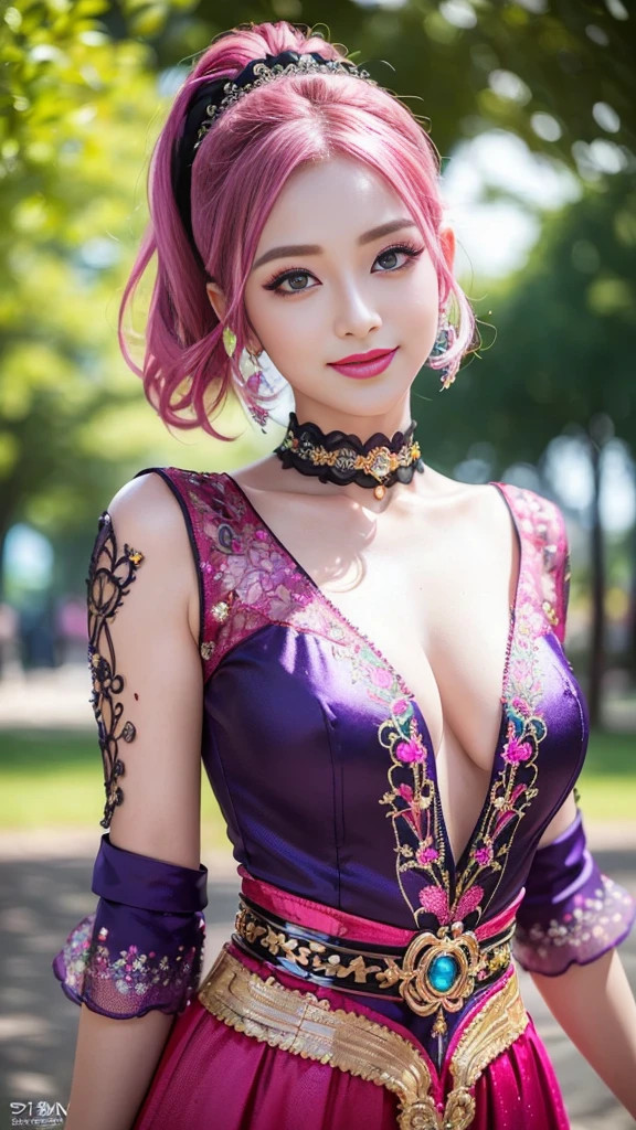 (masterpiece:1.4), (Highest quality:1.4), 超High resolution, 超High resolutionolution, ((Highly detailed facial features)), High resolution, (Realistic, photoRealistic, photo-Realistic:1.37), Whole Body Ezbian, Sexy Swedish Model, (-anime), Vibrant colors, ((Vibrant colors multicolor (fuchsia, pink, Light blue, purple) Very short hair)), (Big smile), Ultra-detailed metallic makeup, Lip gloss, Long eyelashes, Well-defined eyebrows, Wearing large, sparkling, colorful jewels, She is wearing a red silk Paradise Kiss cosplay dress with black floral embroidery, ((Vibrant colors outfit)), Vibrant colors, Looking at the camera, Cinematic Light, wood々Background of a large park with, Sweet and sexy pose