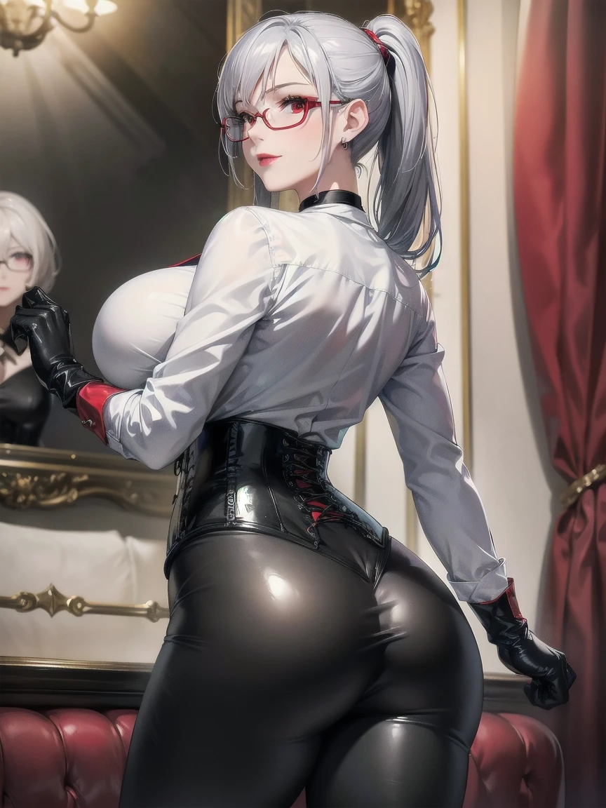 masterpiece, Superior image quality, High resolution, 4k image,photo and gross, photorealistic, whole body, 1 girl, standing, , view from behind, perfect ass, beauti face, Silver hair short ponytail, Red eyes, very detailed eyes, shy expression, draw smile, Glasses, choker:1.6, (white collar button down loleeve shirt), black gloves, gloves that cover hands, (black leather corset), (shiny black leggings), Sensual Lips, Red lips, show details in the eyes, looking at the viewer, Elegant living room, at daytime