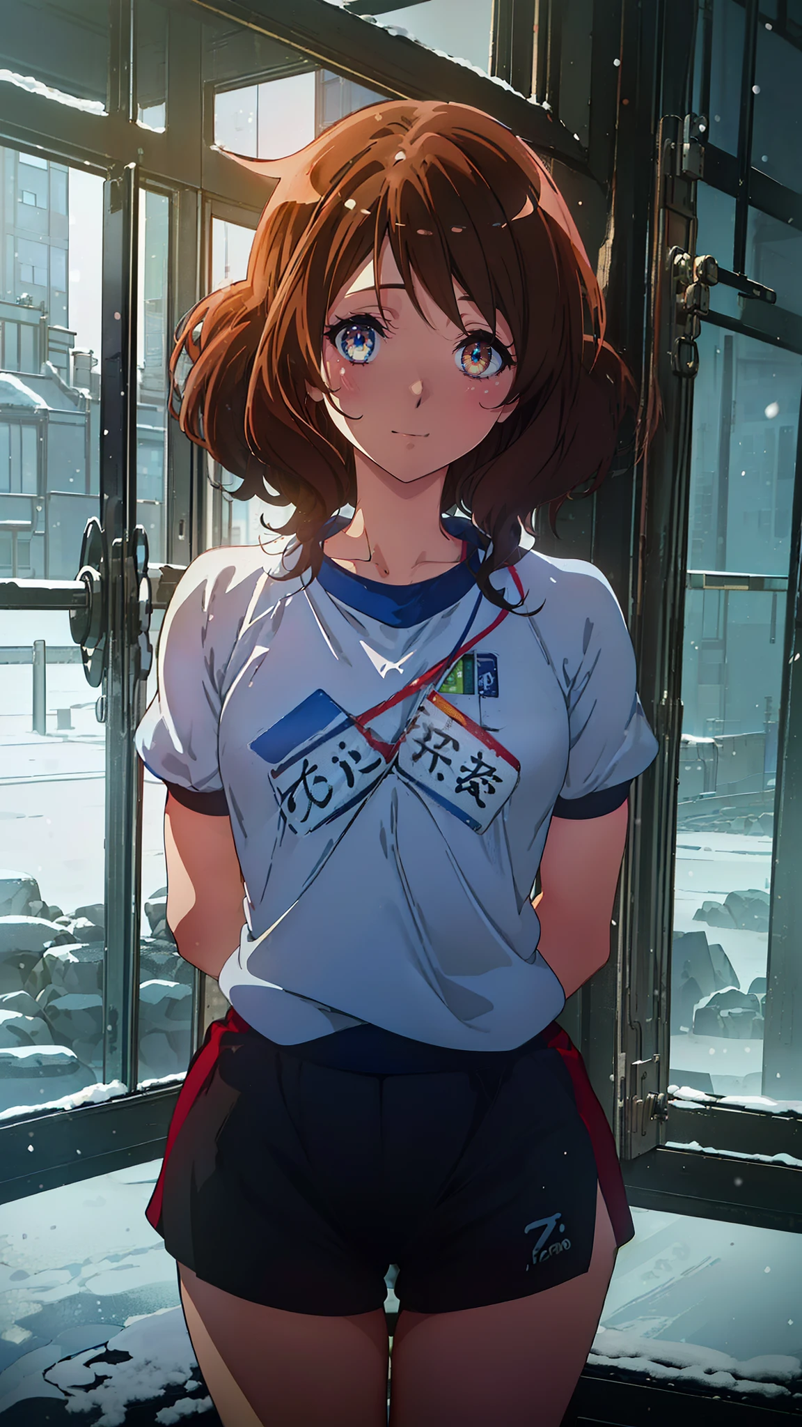 ((Obra maestra, La mejor calidad, ultrahigh resolution)), (((a girl in a gym uniform, blue Japanese ladies gym shortlack hair, dark black hair))), long hair cut, pale skin, ((brown eyes)), glowing_eyes, neon eyes, (ultra detailed eyes:0.7, beautiful and detailed face, detailed eyes:0.9), ((centered)), ((cute smile, pretty)), facing viewer, eye level, ((vibrant background, snowy landscape, cityscape, snowing)), flat chested, looking at viewer, ((half closed eyes)), ((perfect hands)), (((head:1, arms, hips, elbows, in view))), ((hands behind back)), empty eyes, beautiful lighting, outside, outdoors, background, defined subject, 18 years old, (head tilt)