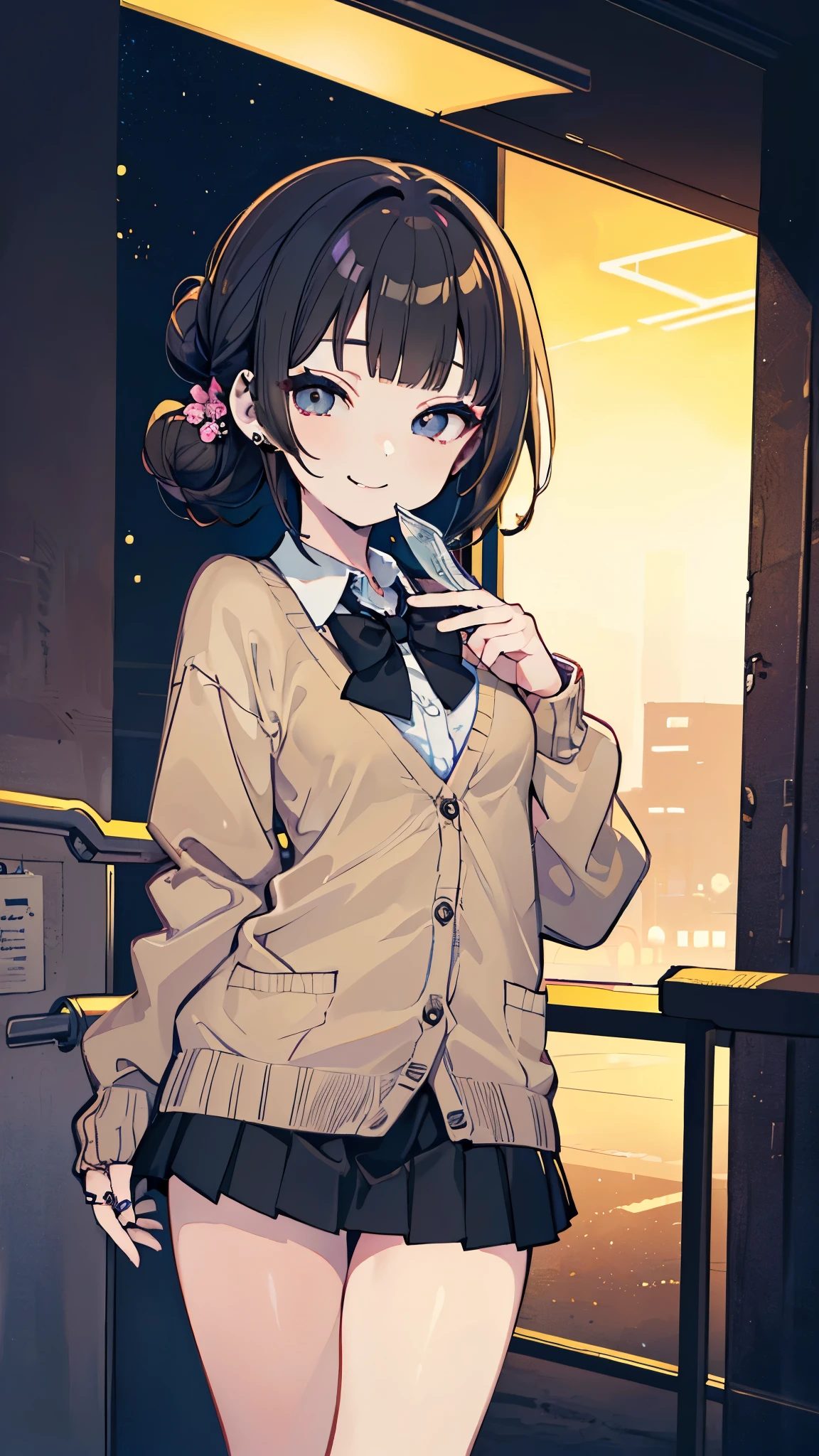 (masterpiece、Highest quality、Very detailed))、One girl、Black Hair、single hair bun、blunt bangs、Grey Eyes、((surgical mask pull))、((evil smile))、((lots of piercing))、((Small breasts))、((White collared shirt))、A bow tie、((brown cardigan))、((Black pleated skirt))、((micro miniskirt))、Cowboy Shot、((night))、Downtown background