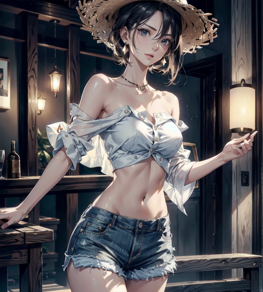 absurdres, RAW photo, extremely delicate and beautiful, masterpiece, Best Quality, ultra high resolution, 32k, hyperrealistic, ultra-detailed, Very detailed CG 8k wallpaper, detailed background, landscape, Beautiful Lighting, Perfect Lightning, Realistic Shadows, perfect anatomy, anatomically correct, perfect figure, Perfect Style, Perfect balance, super Detailed skin, in her 30s, very Slim body, narrow waist, very small head, very small face, delicate facial features, handsome detailed woman, very detailed eyes and face, realistic face proportions, Realistic beautiful face, Realistic beautiful eyes, tearful mole, earring, whole body shot, very huge round tits, medium hair, asymmetrical hair, indoor, casual, blouse, white shirt, buttoned shirt, bare shoulders, collarbone, midriff, navel, shorts, straw hat,
