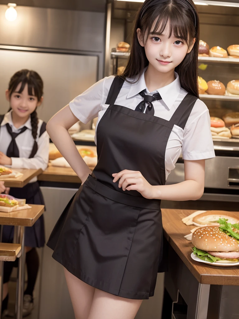 ((masterpiece))、((Highest quality))、photograph、reality、High resolution、Advanced Depth of Field、become close、Realistic lighting、Delicate facial features、Realistic Background、(The whole body is shown:1.2)、(Big Breasts:1.2)、(Erect nipples)、(Slender:1.2)、(Hamburger Shop Uniform:1.5)、(Collared shirt:1.2)、(Short tight skirt:1.2)、(apron:1.2)、(The background is an empty cafe:1.2)、(Early teens:1.5)、(Young face:1.5)、(Primary school students:1.5)、(Short)