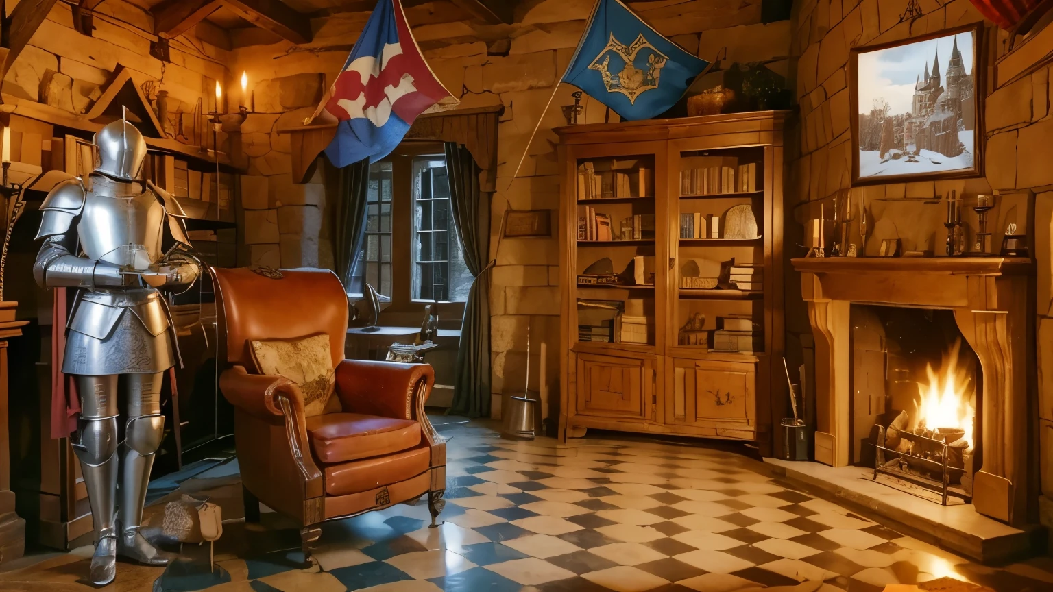 a pretty medieval catle room full of medieval castle objects, a heraldic fireplace, medieval book shelf, medieval chairs, a window in winter, fantasy castle, high resolution, a cup of tea, a medieval side cavalier, heraldic flags standart, a frame of cavaliers in wall, Medieval Knight Plate Armor, a cup of the on chair