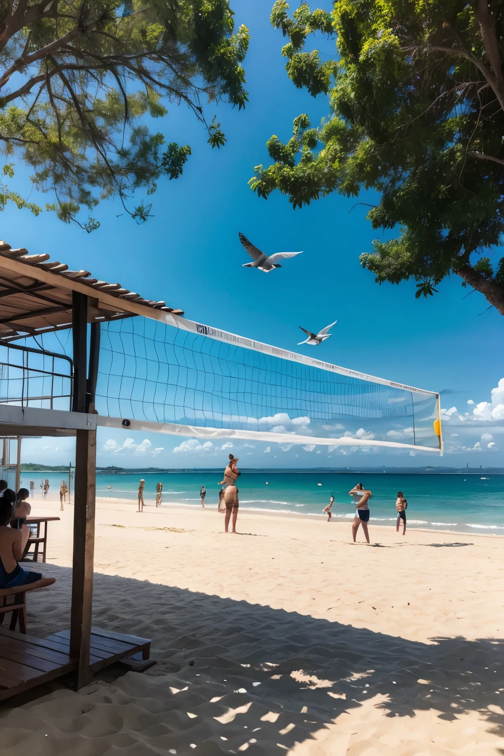 a brazilian beach with people playing volleyball by the sea and 3 pigeons flying 