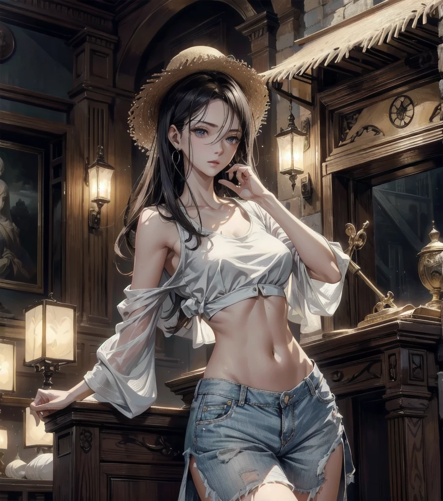 absurdres, RAW photo, extremely delicate and beautiful, masterpiece, Best Quality, ultra high resolution, 32k, hyperrealistic, ultra-detailed, Very detailed CG 8k wallpaper, detailed background, landscape, Beautiful Lighting, Perfect Lightning, Realistic Shadows, perfect anatomy, anatomically correct, perfect figure, Perfect Style, Perfect balance, super Detailed skin, in her 30s, very Slim body, narrow waist, very small head, very small face, delicate facial features, handsome detailed woman, very detailed eyes and face, realistic face proportions, Realistic beautiful face, Realistic beautiful eyes, tearful mole, earring, whole body shot, very huge round tits, medium hair, asymmetrical hair, indoor, casual, blouse, white shirt, buttoned shirt, bare shoulders, collarbone, midriff, navel, shorts, straw hat,