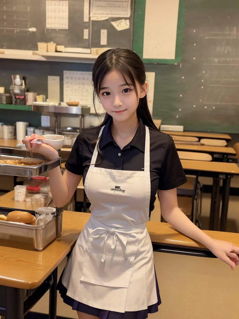 ((masterpiece))、((Highest quality))、photograph、reality、High resolution、Advanced Depth of Field、become close、Realistic lighting、Delicate facial features、Realistic Background、(The whole body is shown:1.2)、(Big Breasts:1.5)、(Erect nipples:1.2)、(Slender:1.2)、(Hamburger Shop Uniform:1.5)、(Collared shirt:1.2)、(Short tight skirt:1.2)、(apron:1.2)、(The background is an empty cafe:1.2)、(Early teens:1.5)、(Young face:1.5)、(Looks like an elementary school student:1.5)、(Short)