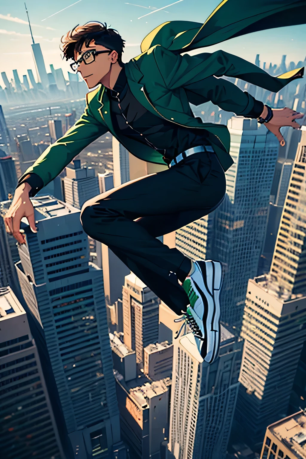 Young man scene, 25 year old slim man in black shirt and pants, white sneakers and green jacket, flying over the city. Black dress hair, semi round glasses brown skin. He is flying over the city and blue powers come out of his hands. serious