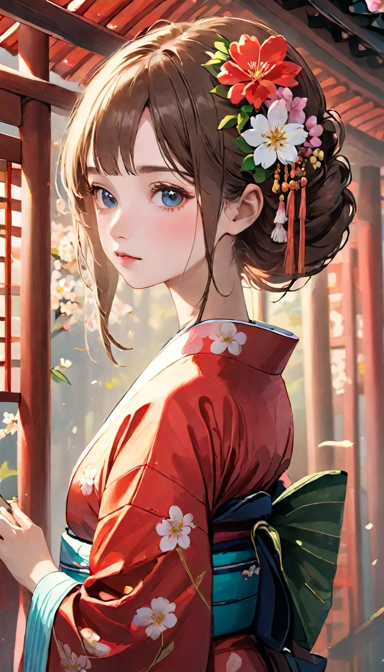 RAW Photos、Realistic、Highest quality、masterpiece、Girl In kimono costume with flowers in her hair, Cute waifu in a nice dress, 美しいPortrait of a Girl, Young girl, In kimono, In kimono, pretty girl, Beautiful girls, pretty girl portraits, palace ,Girl In kimono, pretty girl, Gweiz-style artwork, Portrait of a Girl