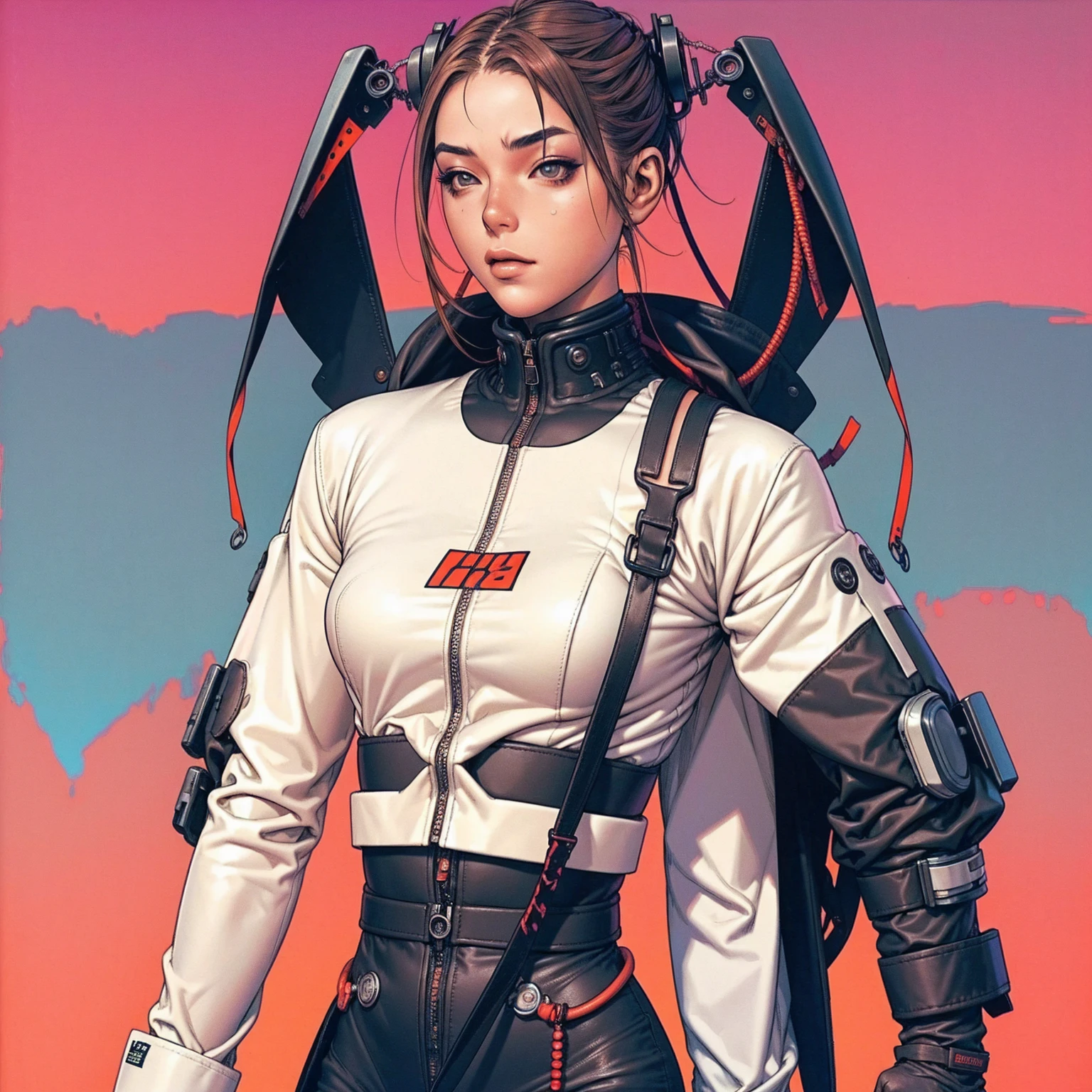(((best qualityer))), (((manga strokes))), A young woman in cyberpunk style wearing a black and red futuristic urban outfit, devilish smile, pose de atitude, vampire-like nocturnal creature, cabelo espetado manga style, 独奏, overcoat with large collar, chains and zippers spread across clothes, contrasting colours, pose de atitude, hair with a modern and futuristic cut, urban game poster art, dramatic camera angles, graffiti art elements in the background, design mixing contemporary and retro by Shepard Fairey, (((cowboy shot))), (((best qualityer: 1.4))), (Unbeatable masterpiece), (hiper HD),(CG 8k hyper-realistic), Kizi, (((standing alone))), pirralha violent, ((())), sexly, pose de atitude, work of art, post-apocalypse, (((manga style))), bounty hunter, violent, Manic, the way you want, slenderbody, thin but strong, perfectbody, roupa moderna, advanced technology, neon, sleeves with vertical striped pattern, neutral background, (( cowboy shot )). intricate visual