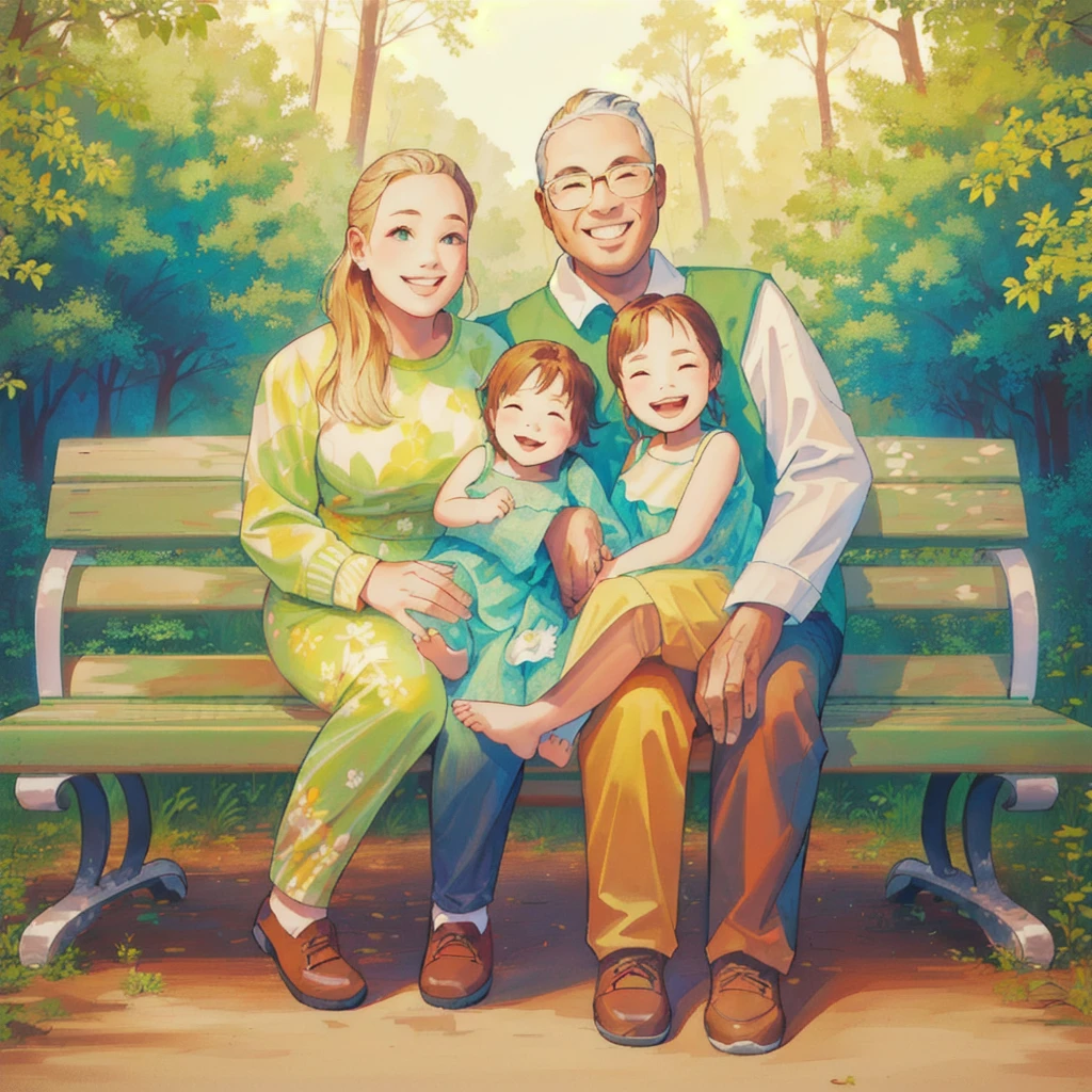 family sitting in a bench, forest background, cute, 4 members, 1baby, 1kid, couple, women wears a cute outfit, smile, man wears glasses and a elegant outfit,
