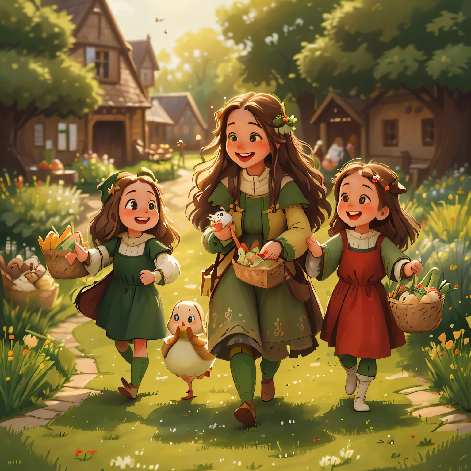 (high resolution: 1.2),Happy moment, medieval mother and 2 daughters, go shopping at village market, cheer, bunnies and duck, beautiful detailed eyes, lush green garden, long flowing hair, traditional medieval clothes,