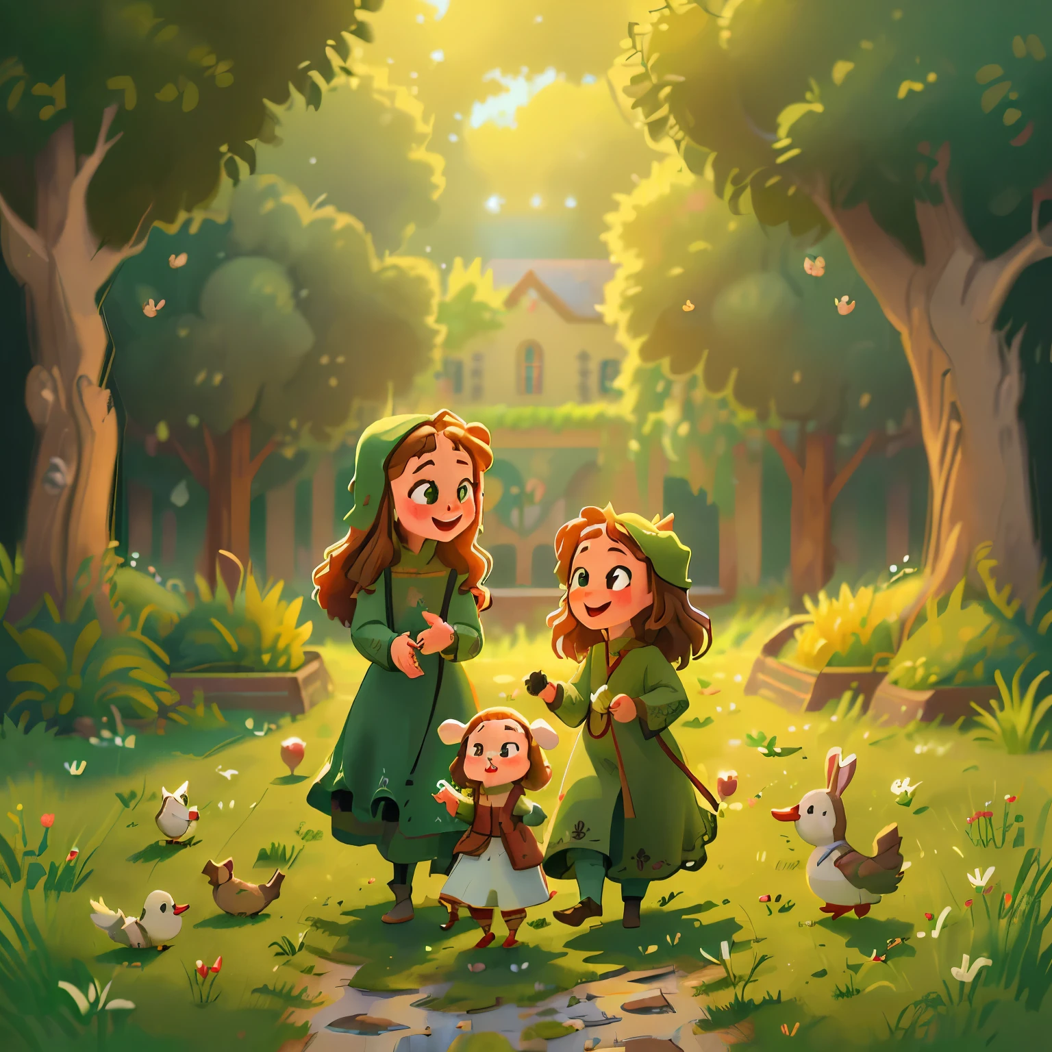 (high resolution: 1.2),Happy moment, medieval mother and 2 daughters, go shopping at village market, cheer, bunnies and duck, beautiful detailed eyes, lush green garden, long flowing hair, traditional medieval clothes,