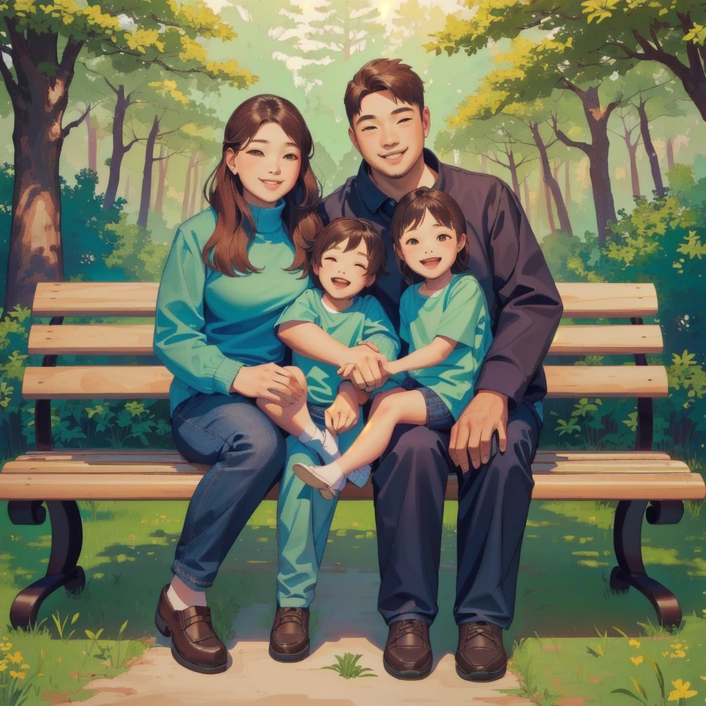 family sitting in a bench, forest background, cute, 4 members, two kids and a couple