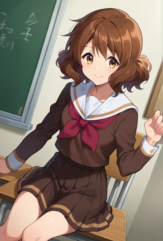 score_9, score_8_superior, score_7_superior, sauce_anime,
In the middle of nowhere, kumiko oumae, Brown eyes, Brown Hair, short hair, Wavy Hair, smile,
skirt, shirt, Long sleeve, , pleated skirt, Seraphim, neckerchief, brown skirt, White sailor collar, brown shirt, Kitauji High , red neckerchief,
indoor, classroom, corridor, Sitting, Chair, machine,
View your viewers, Cowboy Shot, Dutch Angle, Dynamic pose,