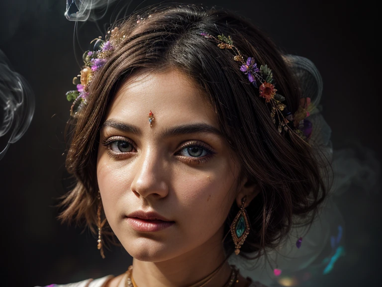 Anunnaki Frau, face close up, Floating female figure made of ribbons, smoke, in heaven, colorful and bright, Mystical colors, Modern Impressionism, dazzling painting, 3/4 Perspective view, cute face, small angle, wide swirling composition, big beautiful crystal eyes, Large irises, uhd, HDR, 8k, (masterpiece: 1. 5), (the most beautiful portrait in the world: 1.5)