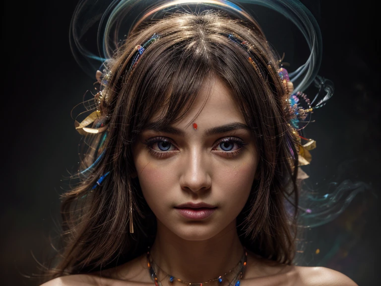 Anunnaki Frau, face close up, Floating female figure made of ribbons, smoke, in heaven, colorful and bright, Mystical colors, Modern Impressionism, dazzling painting, 3/4 Perspective view, cute face, small angle, wide swirling composition, big beautiful crystal eyes, Large irises, uhd, HDR, 8k, (masterpiece: 1. 5), (the most beautiful portrait in the world: 1.5)