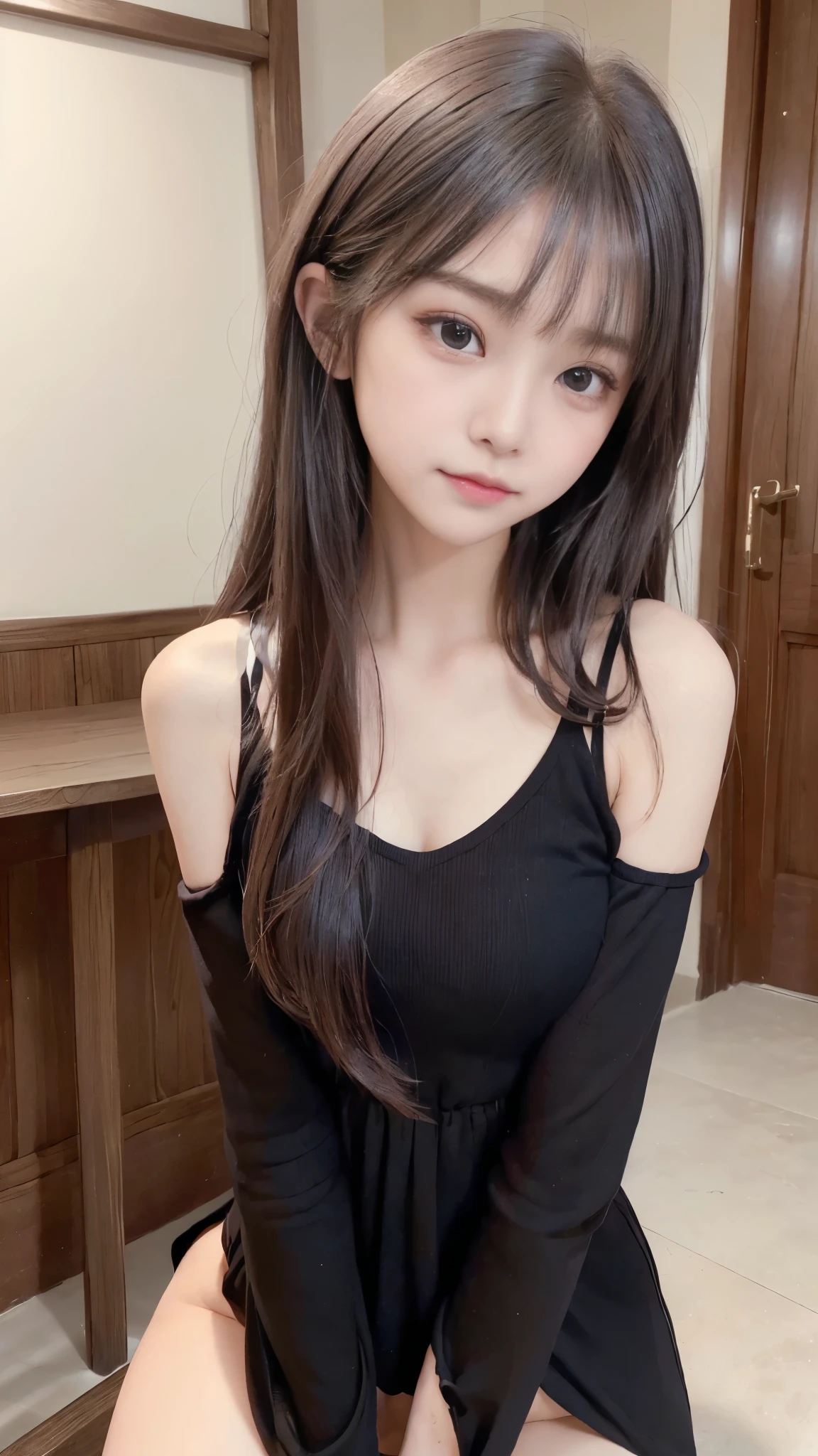 ((beautiful girls with very flat chest:1.3))、( beautiful girl、Baby Face:1er body line、Small and slender figure、((Wearing trendy clothes:1.3))、((Detailed eyes and face:1.2、Professional photography techniques))、(Detailed hands、The right move:1.2、Fine Fingers)、(Tight waist、Slim Belly)、Thin thighs、Beautiful buttockoisturizing lips、Beautiful eyes with attention to detail、double eyelid、Small Nose、Cute Face、Beautiful Skin、Correct Anatomy、Highest quality、Highest quality、Masterpiece、Ultra high definition、(Reality:1.37)、(Gaze at the viewer、blush:1.2、A sweet expression:1.3)