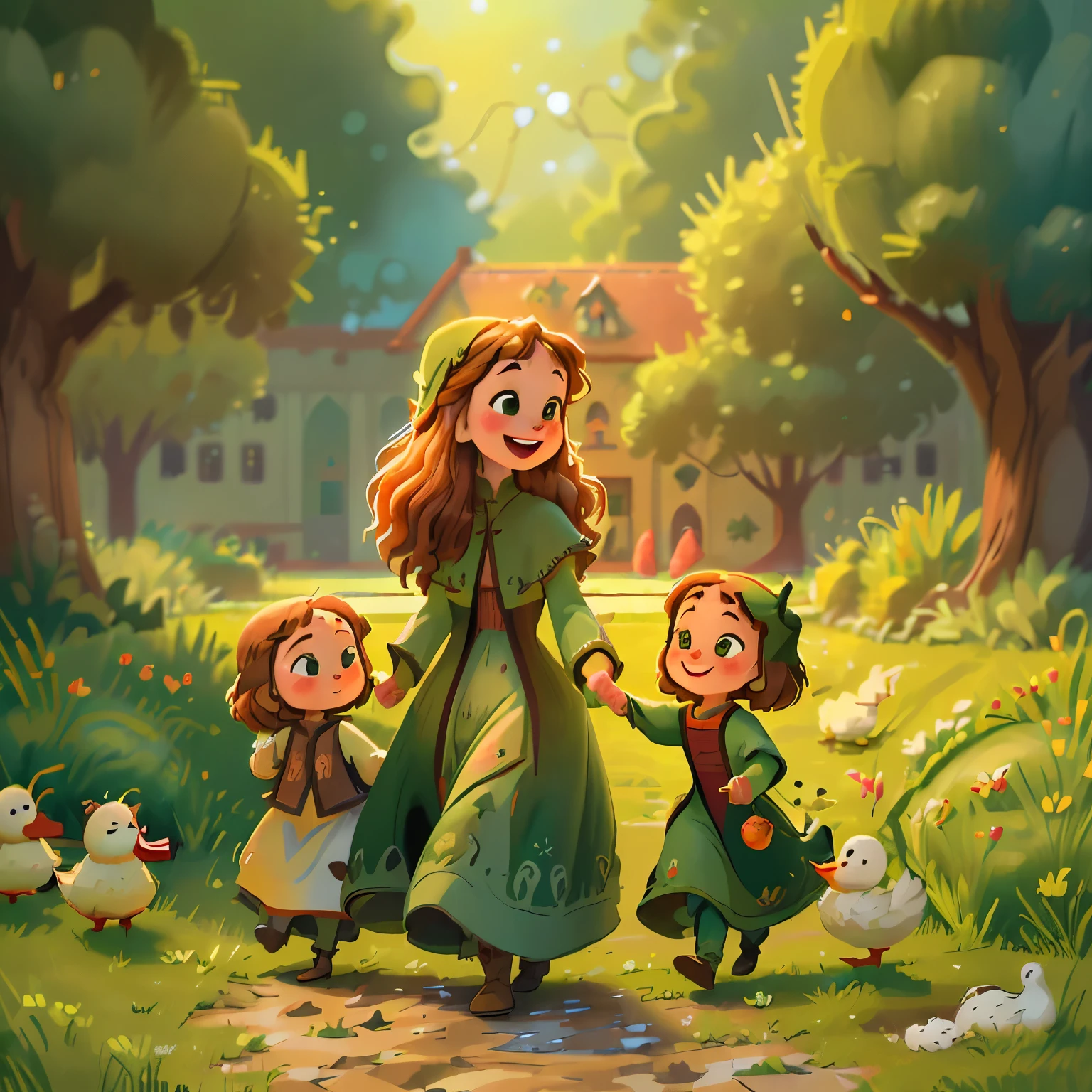 (high resolution: 1.2),Happy moment, medieval mother and 2 daughters, go shopping at village market, cheer, bunnies and duck, beautiful detailed eyes, lush green garden, long flowing hair, traditional medieval clothes,