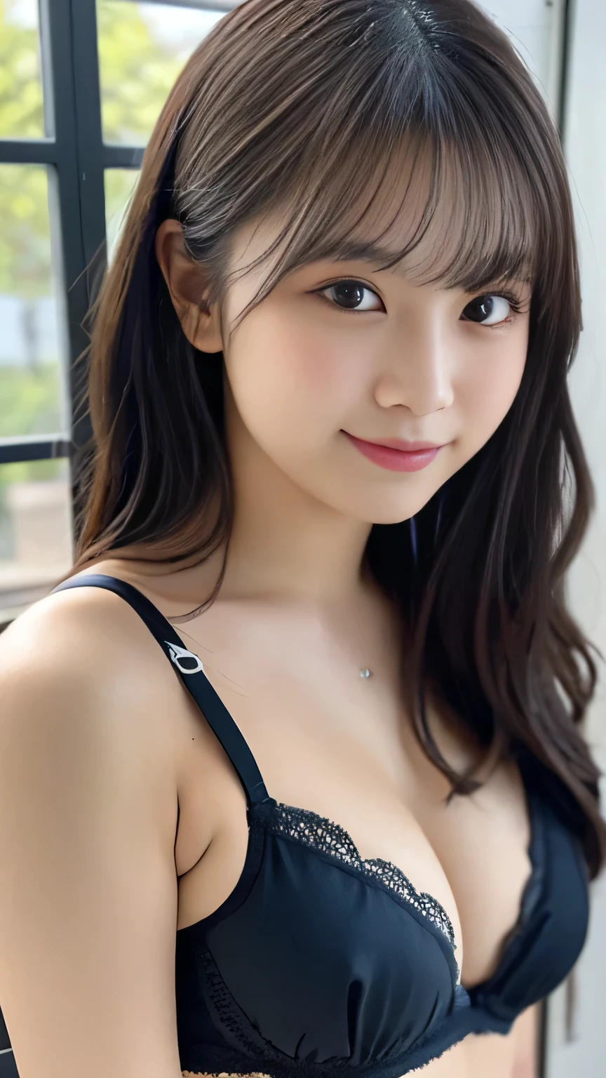 (Highest quality, masterpiece:1.2), Ultra-high resolution、One person、or、Two Women, They both show skin, Standing side by side., University classroom、Colorful patterned lingerie,White underwear、 Big Breasts, With a relaxed smile, Very detailed, Realistic, Portraiture, Bright colors, Fine sentences、Wavy Hair、bangs、One is long hair、Nogizaka Idol、A little blush、Beautiful and kind eyes、(Good transparency)Strong smile。Large visible area of skin。