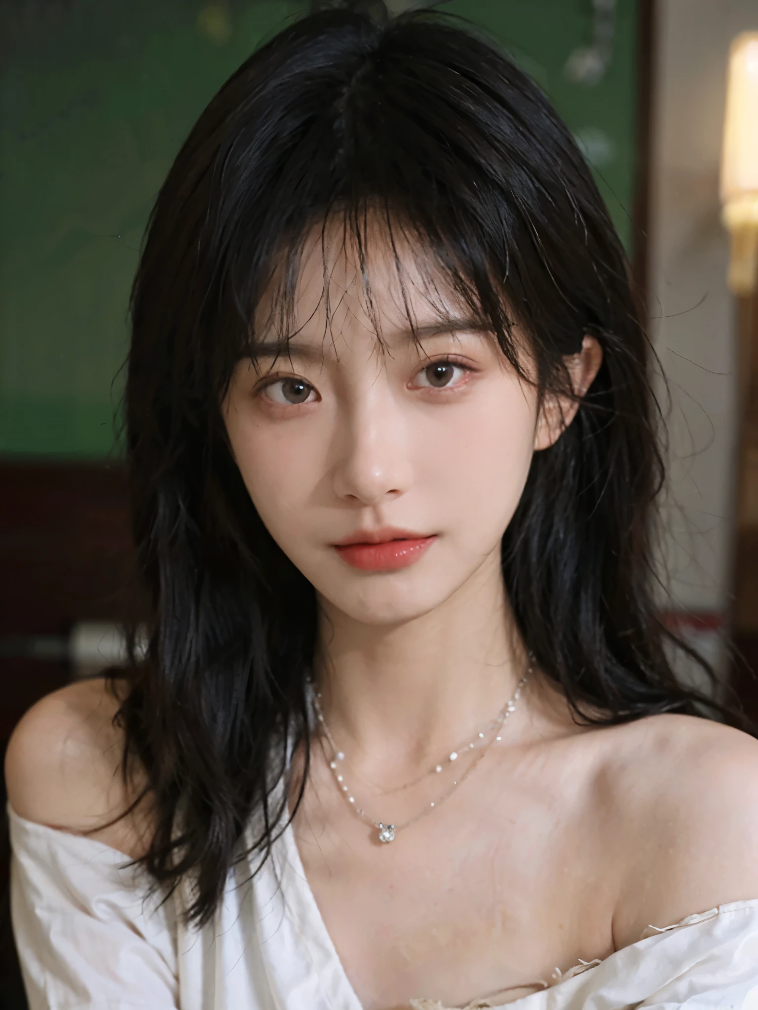 Film portrait photography, 1 girl, bare shoulders,lipstick,(flat chest:1.4), Shoulder length wavy hair, wear necklace,Headbands,earringouth nail,short sleeves,serene, calm, (Realistic and detailed eyes, natural skin texture, Realistic facial details), Soft dramatic lighting, depth of field, Bokeh, Vibrant details, detailed meticulous, hyper-realistic, 35mm film, hazy, ,