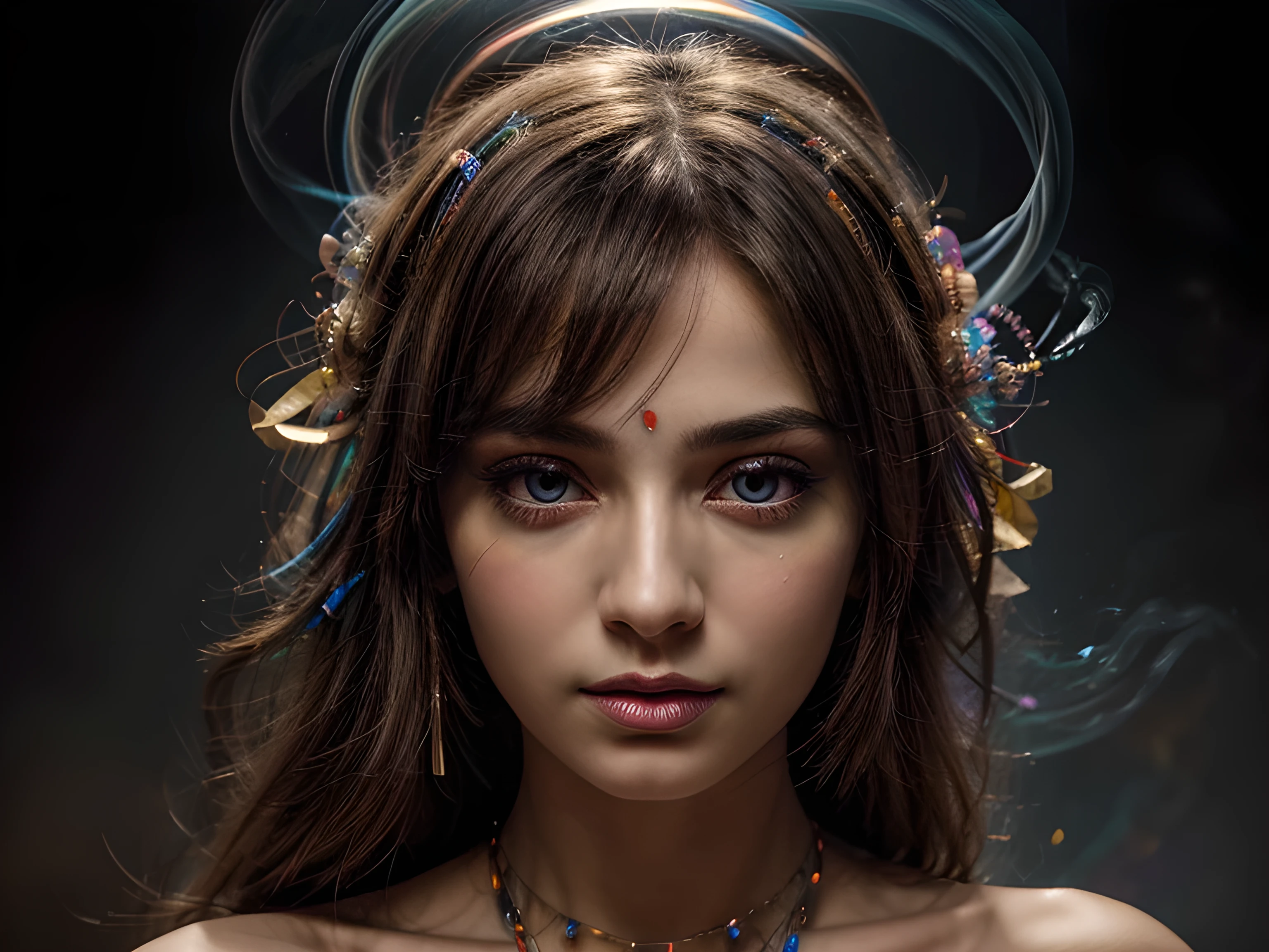 Anunnaki Frau, face close up, Floating female figure made of ribbons, smoke, in heaven, colorful and bright, Mystical colors, Modern Impressionism, dazzling painting, 3/4 Perspective view, cute face, small angle, wide swirling composition, big beautiful crystal eyes, Large irises, uhd, HDR, 8k, (​masterpiece: 1. 5), (the most beautiful portrait in the world: 1.5)