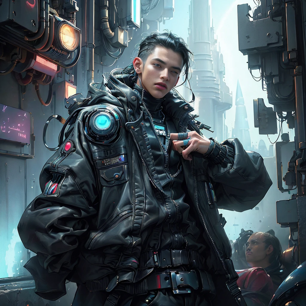 Tech boy,(quality、8K、32K、masterpiece、north african free trade area:1.3)、(Ultra-high realism:1.4)、Original photography,perfect eyes,Charming perfect figure,upper body image、actionpose:1.2,Detailed cyberpunk fashion、Cyberpunk world,depth of fields,The background is blurred out,、Space astronauts
