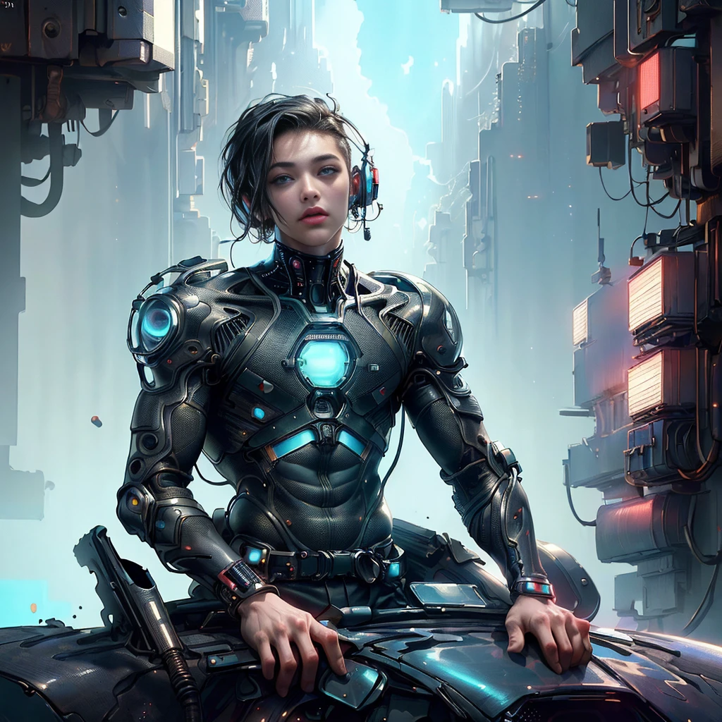 Tech boy,(quality、8K、32K、masterpiece、north african free trade area:1.3)、(Ultra-high realism:1.4)、Original photography,perfect eyes,Charming perfect figure,upper body image、actionpose:1.2,Detailed cyberpunk fashion、Cyberpunk world,depth of fields,The background is blurred out,、Space astronauts