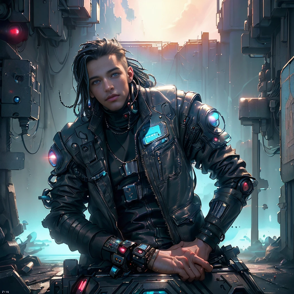 Tech boy,(quality、8K、32K、masterpiece、north african free trade area:1.3)、(Ultra-high realism:1.4)、Original photography,perfect eyes,Charming perfect figure,upper body image、actionpose:1.2,Detailed cyberpunk fashion、Cyberpunk world,depth of fields,The background is blurred out,、Space astronauts